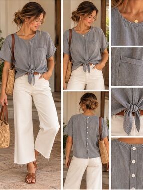 Brass & Roe 100% Cotton Pinstripe Tie Front Blouse L